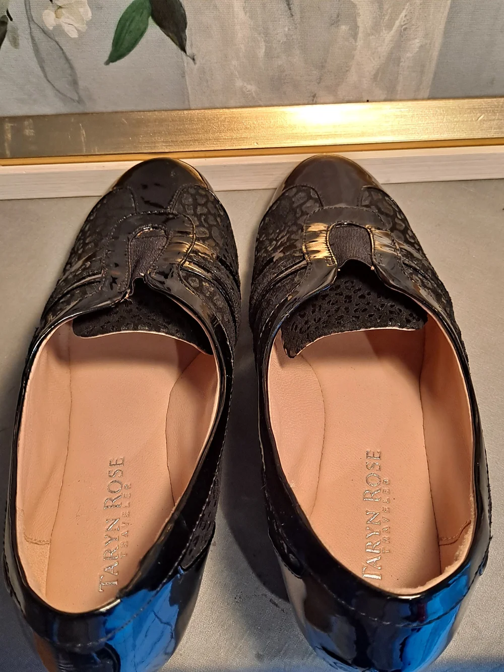 Taryn Rose Traveler Paislee Black Patent Textured Animal Print Slip-On Wedges